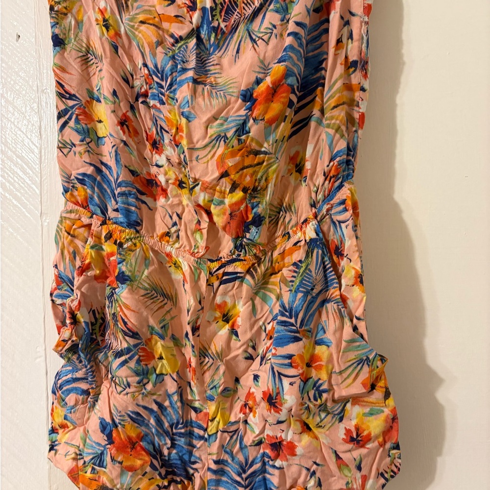 Pink Tropical Floral Romper with Open Back Tie